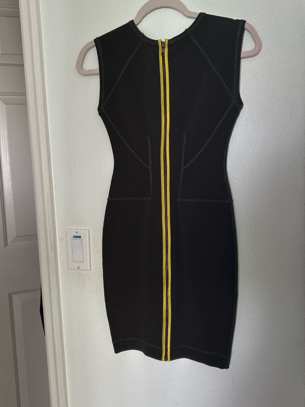 French Connection Black Sleeveless Midi Dress with Yellow Center Zip